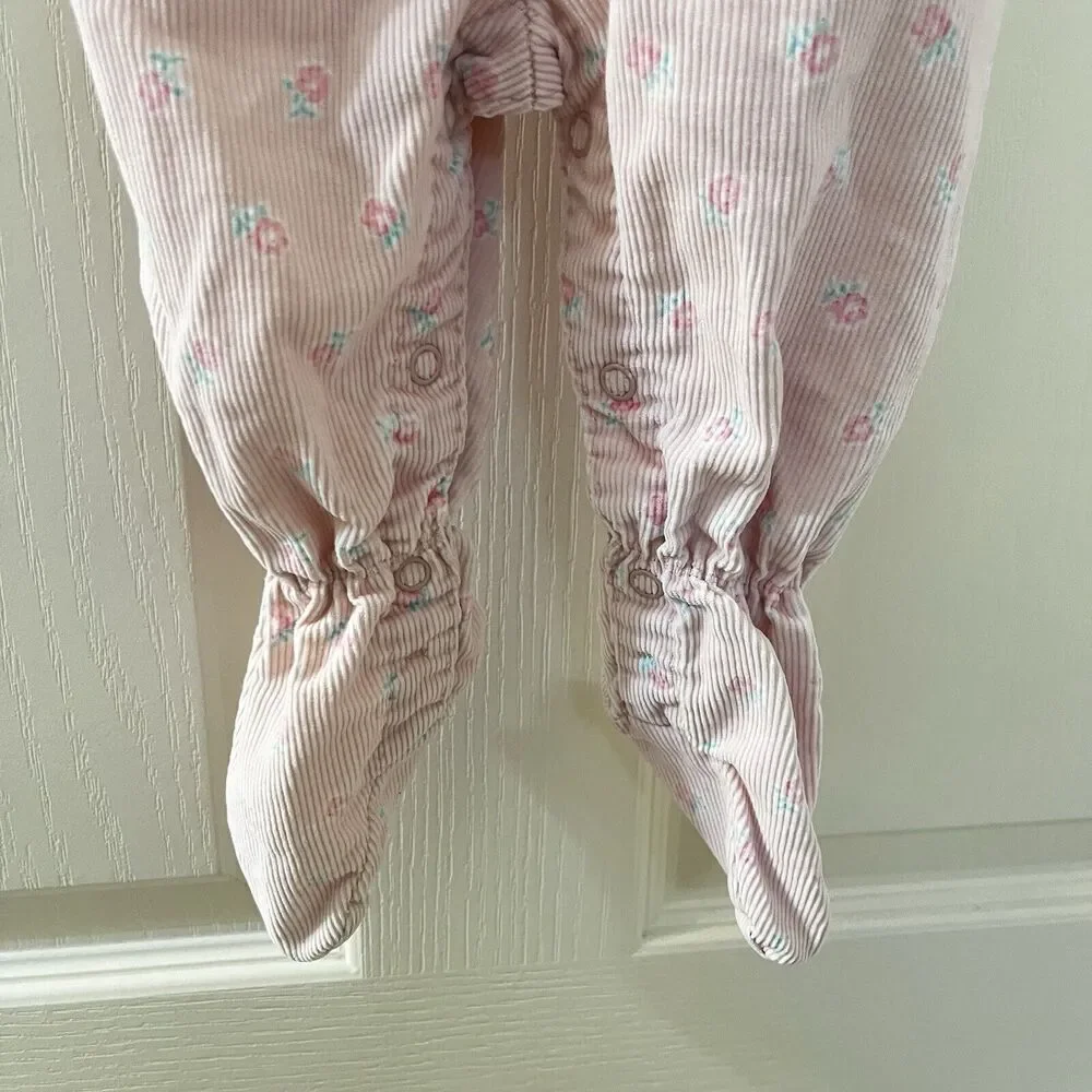 Vintage Oshkosh B'gosh Pink Floral Corduroy Overalls with Feet USA SZ 3-6 Months